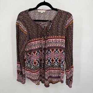 Farmers Market Women's L Blouse Boho Floral Lace Up Long Sleeve Lurex Sparkle